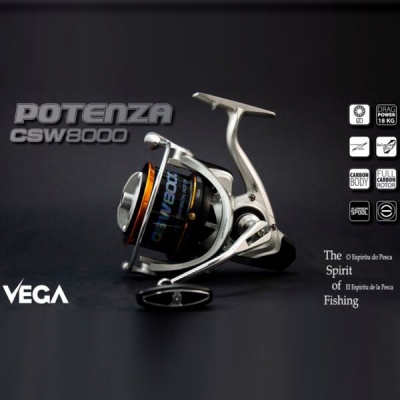 Carretel de pesca VEGA Potenza CSW 8000 em metal prateado e preto com texto informativo