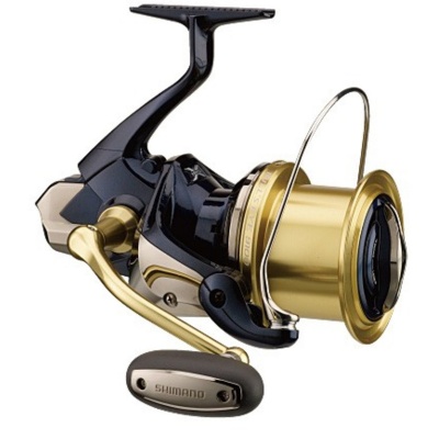 Carreto de pesca Shimano preto e dourado com manivela preta e carretel dourado