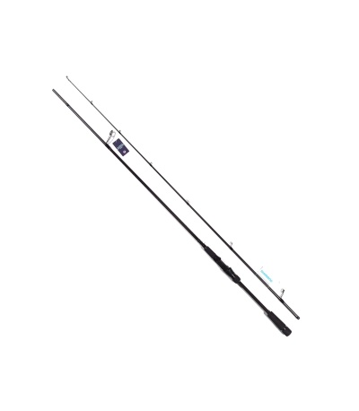 Duas varas de pesca pretas com punho emborrachado e etiquetas coloridas