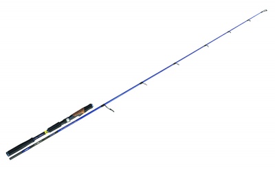 Vara de pesca azul com cabo preto e detalhes castanhos