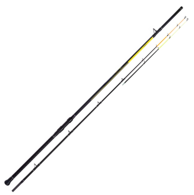 Cana de pesca telescópica preta com detalhes amarelos e brancos