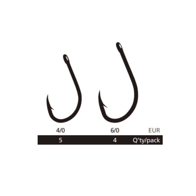 Dois anzóis de pesca pretos em metal com tamanhos e quantidade indicados.