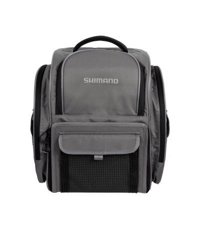 Mochila cinza SHIMANO com múltiplos bolsos e bolso frontal em rede preta