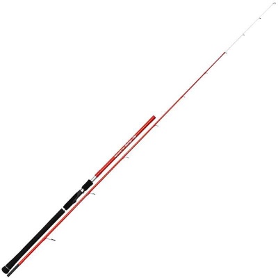 Cana de pesca vermelha e preta com empunhadura preta e passadores metálicos