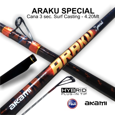 Varas de pesca preta e vermelha com texto ARAKU SPECIAL e logos Fuji e akami