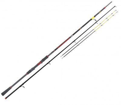 Vara de pesca preta com detalhes vermelhos e amarelos