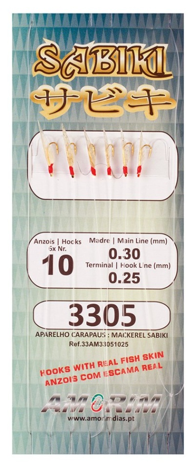 Embalagem de anzóis Sabiki para pesca com 5 anzóis e informações técnicas visíveis