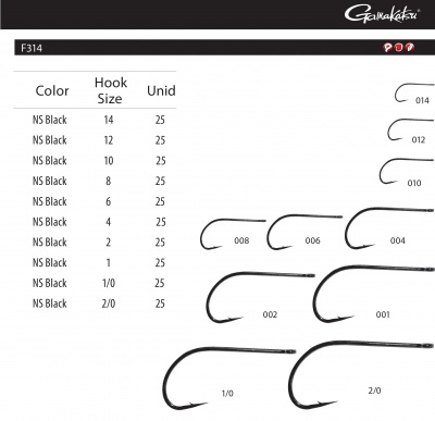 Tabela de anzóis Gamakatsu F314 em vários tamanhos e cor NS Black