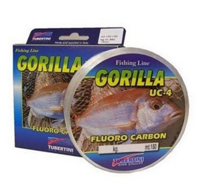 Linha de pesca Gorila UC 4 fluorocarbono em embalagem azul com peixe