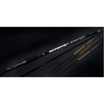 Conjunto de canas de pesca pretas com detalhes coloridos e texto POTENZA SUPER 200