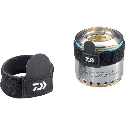 Bobina prateada para carreto de pesca com suporte preto e logótipo da marca