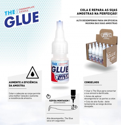 Frascos de cola cianoacrilato The Glue da Fiiish com caixa de exposição e instruções em fundo branco