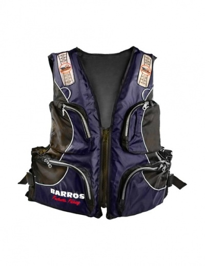 Colete tático de pesca azul escuro com bolsos pretos e fechamento por zíper, texto 'BARROS Fashion Fishing'