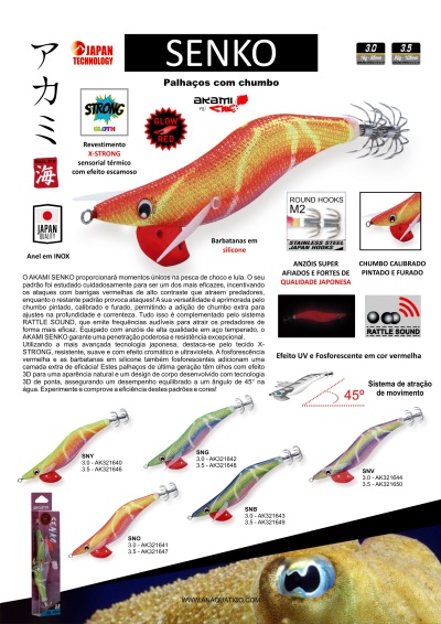 Isca de pesca tipo senko com chumbo e características técnicas detalhadas