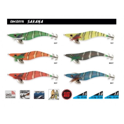 Seis iscos de pesca Akami Sakana coloridos com anzóis e indicações de tamanhos