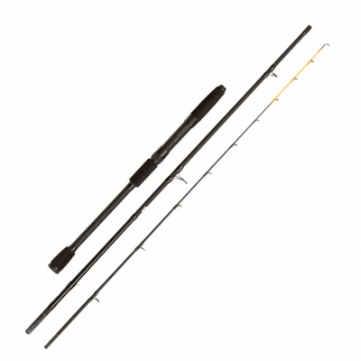 Varas de pesca divididas em três partes, com cabo preto e ponta amarela