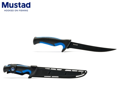 Faca de pesca Mustad com cabo preto e azul e bainha preta