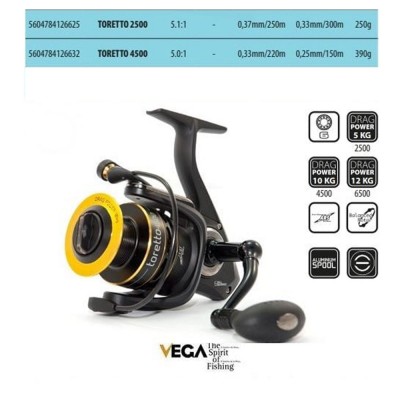 Carreto de pesca preto e dourado VEGA Toretto 2500 em fundo branco