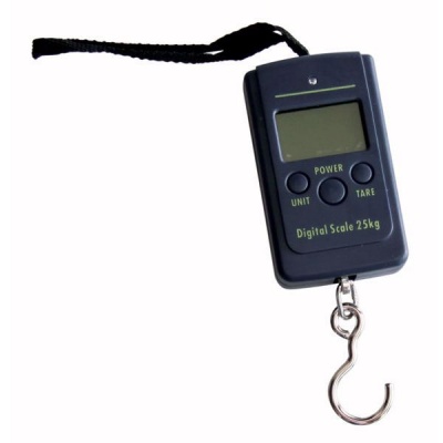 balança digital preta com gancho metálico e alça preta