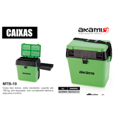 Caixa tipo banco verde com tampa preta e compartimentos internos