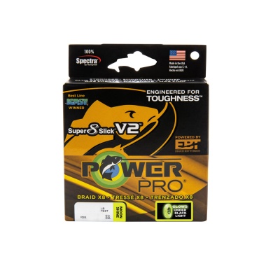 Embalagem de linha de pesca Power Pro Super Slick V2 preta e amarela