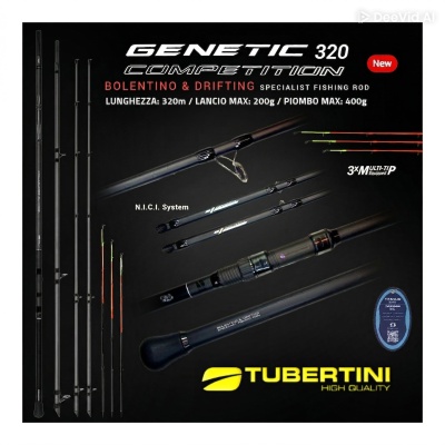 Cana de pesca Tubertini Genetic 320 Competition preta com texto em fundo preto.