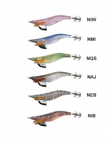 Seis iscos artificiais em forma de lula com diferentes cores e padrões