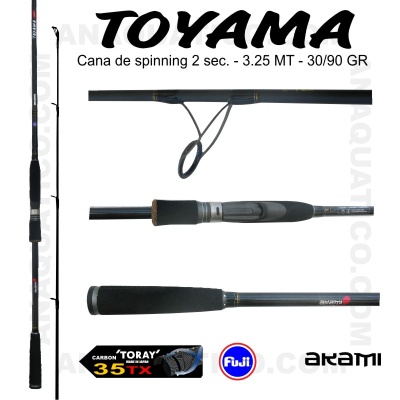Cana de spinning TOYAMA preta com componentes Fuji e Akami, detalhes do cabo e anéis de linha
