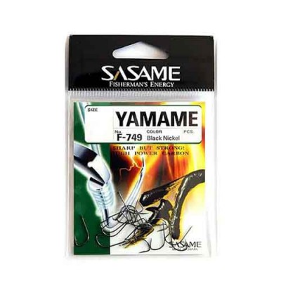 Embalagem de anzóis metálicos pretos da marca SASAME modelo YAMAME F-749
