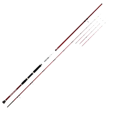 Vara de pesca vermelha com cabo preto e várias pontas separadas