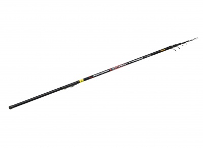 Vara de pesca preta com inscrições técnicas em fundo branco