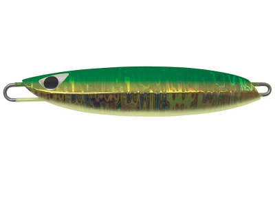 Isca de pesca metálica verde e dourada com padrão holográfico e olho desenhado