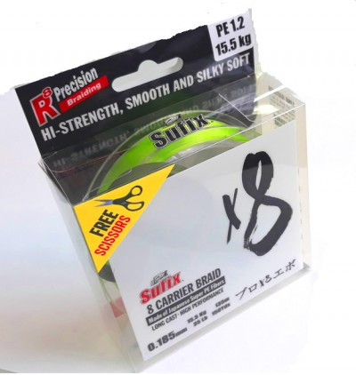 Linha de pesca Sufix 8 Carrier Braid verde-limão com embalagem plástica e texto de resistência e características.