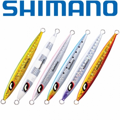 Iscos de pesca metálicos coloridos Shimano com várias cores e logotipo em fundo branco