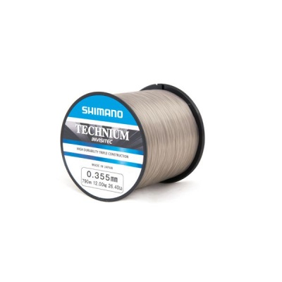 Rolo de linha de pesca Shimano Technium Invisitec cinzenta com etiqueta azul e branca