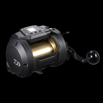 Carretel de pesca preto com tambor dourado e visor digital