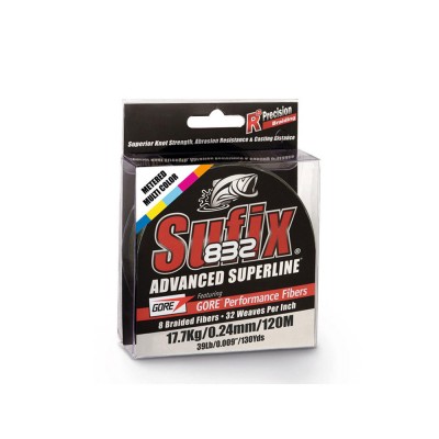 Embalagem de linha de pesca Sufix 832 Advanced Superline com informações técnicas