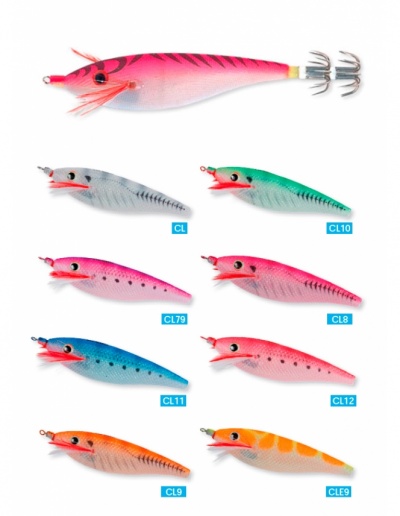 Conjunto de várias iscas artificiais coloridas para pesca em formato de camarão