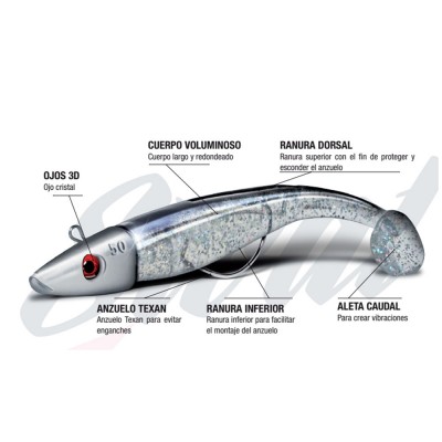 Isca de pesca prateada com olhos vermelhos e texto explicativo em espanhol