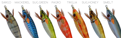 Set de iscas de pesca metálicas coloridas com nomes acima em letras maiúsculas