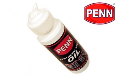 Frasco pequeno branco com tampa de bico, rótulo PENN óleo sintético