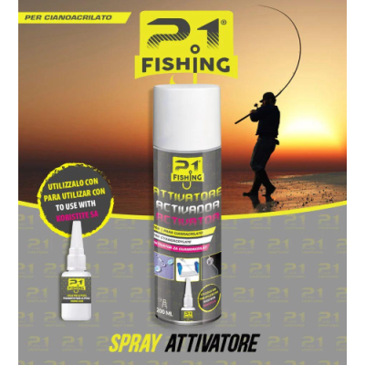 Spray ativador P21 Fishing para cola cianoacrilato com pescador ao fundo ao pôr do sol