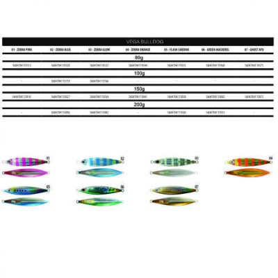 Catálogo de iscos de pesca Vega Bulldog com várias cores e pesos