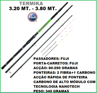 Vara de pesca preta com texto informativo em português sobre especificações técnicas