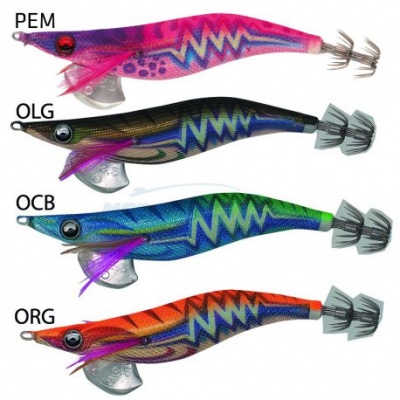 Quatro iscas artificiais coloridas em forma de lula com padrões ziguezague e ganchos duplos.