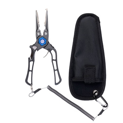 Alicate multifunções metálico cinza com azul e estojo preto