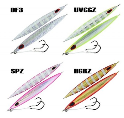 Quatro pares de iscas para pesca coloridas com anzóis tripos e rótulos DF3, UVCGZ, SPZ, HGRZ