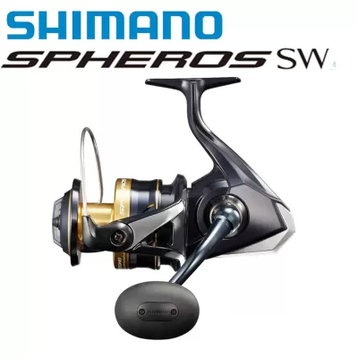 Carretel de pesca Shimano SPHEROS SW preto e dourado sobre fundo branco
