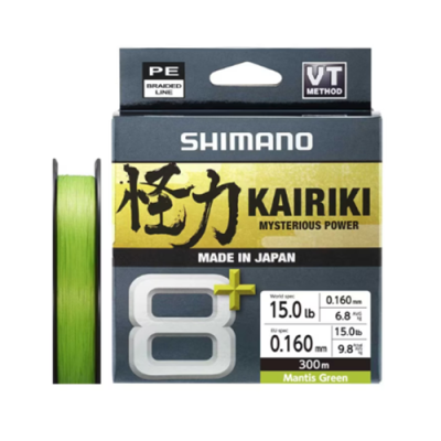Linha de pesca Shimano Kairiki 8+ verde mantis em embalagem com texto e caracteres japoneses
