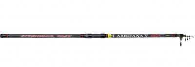 Vara de pesca telescópica preta com detalhes vermelhos, texto ARRIFANA V e SPIDER STAR